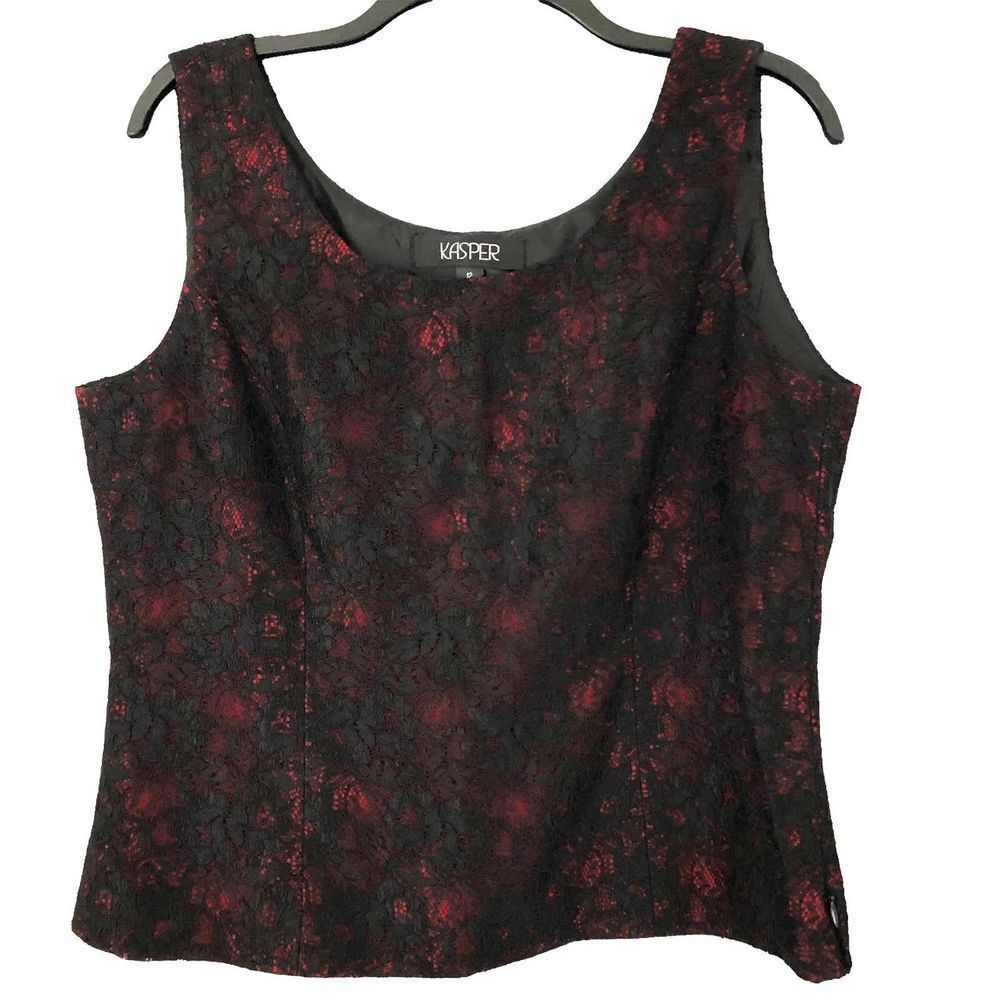 Kasper Womens SZ 12 Dressy Black Lace Over Red‎ Fitted Side Zip Sleeveless Top